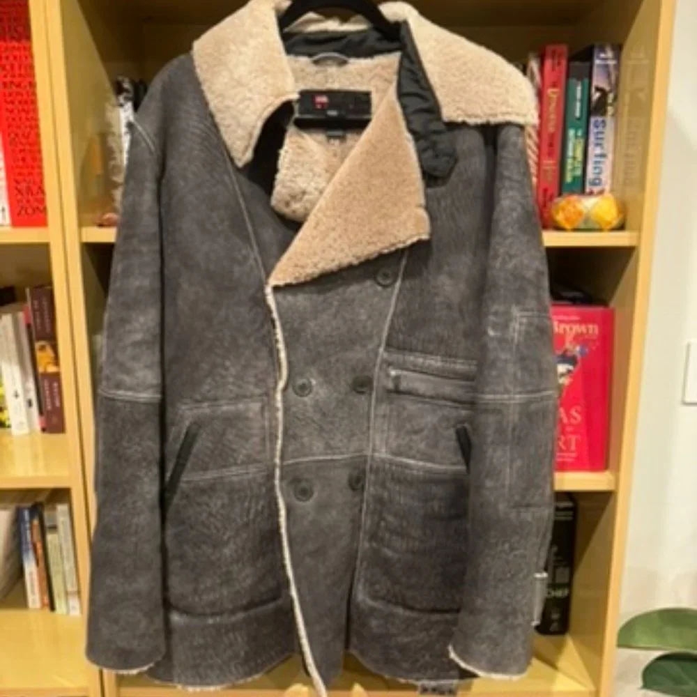 Diesel Shearling Leather Gray Double Breasted Jacket Coat Size M Medium - Picture 1 of 2